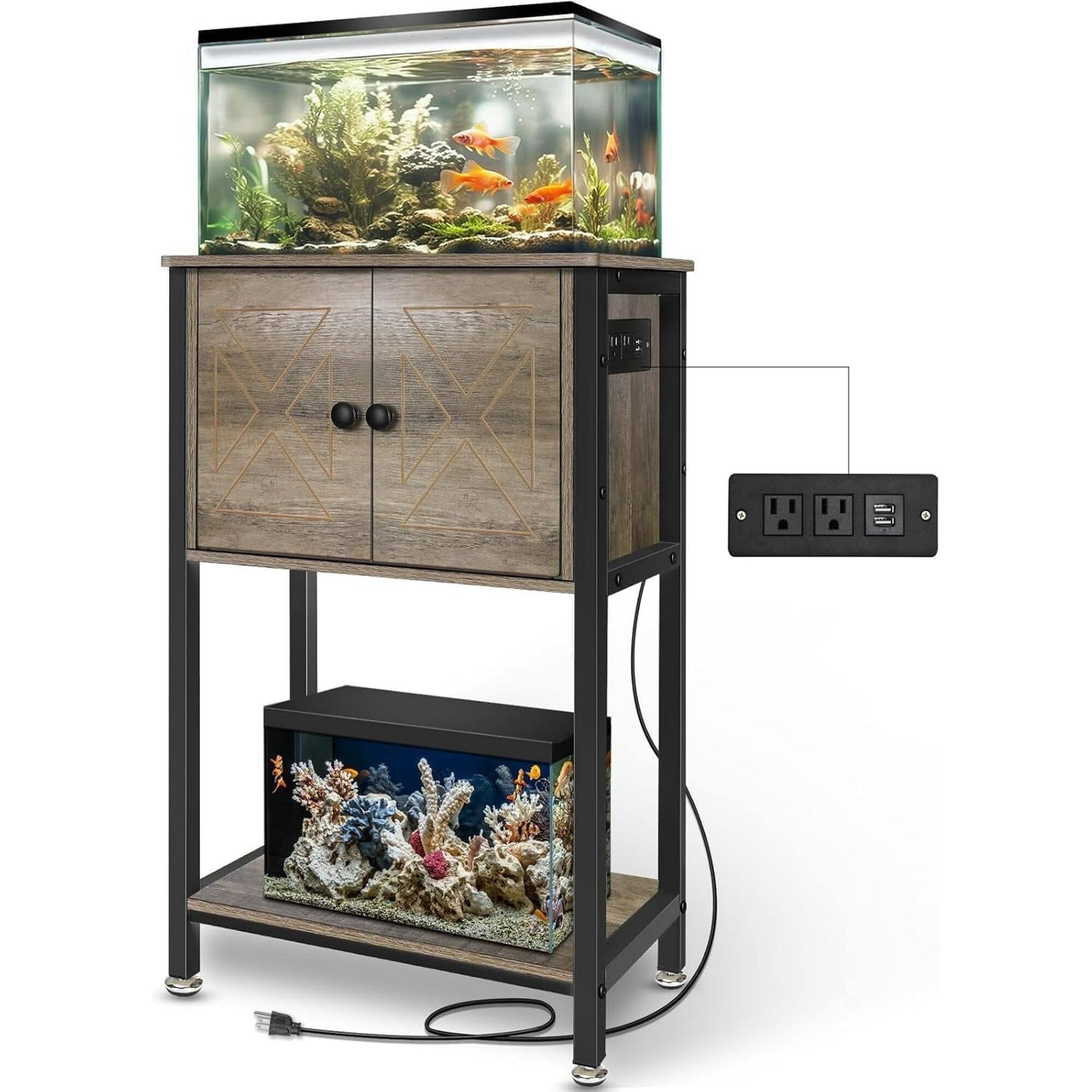 Front. HIMMLINE - 5-10 Gallon Fish Tank Stand, Aquarium Stand, Heavy Duty Double Fish Tank Table with Storage & Power Outlets, 20.5"* 11" - Grey.