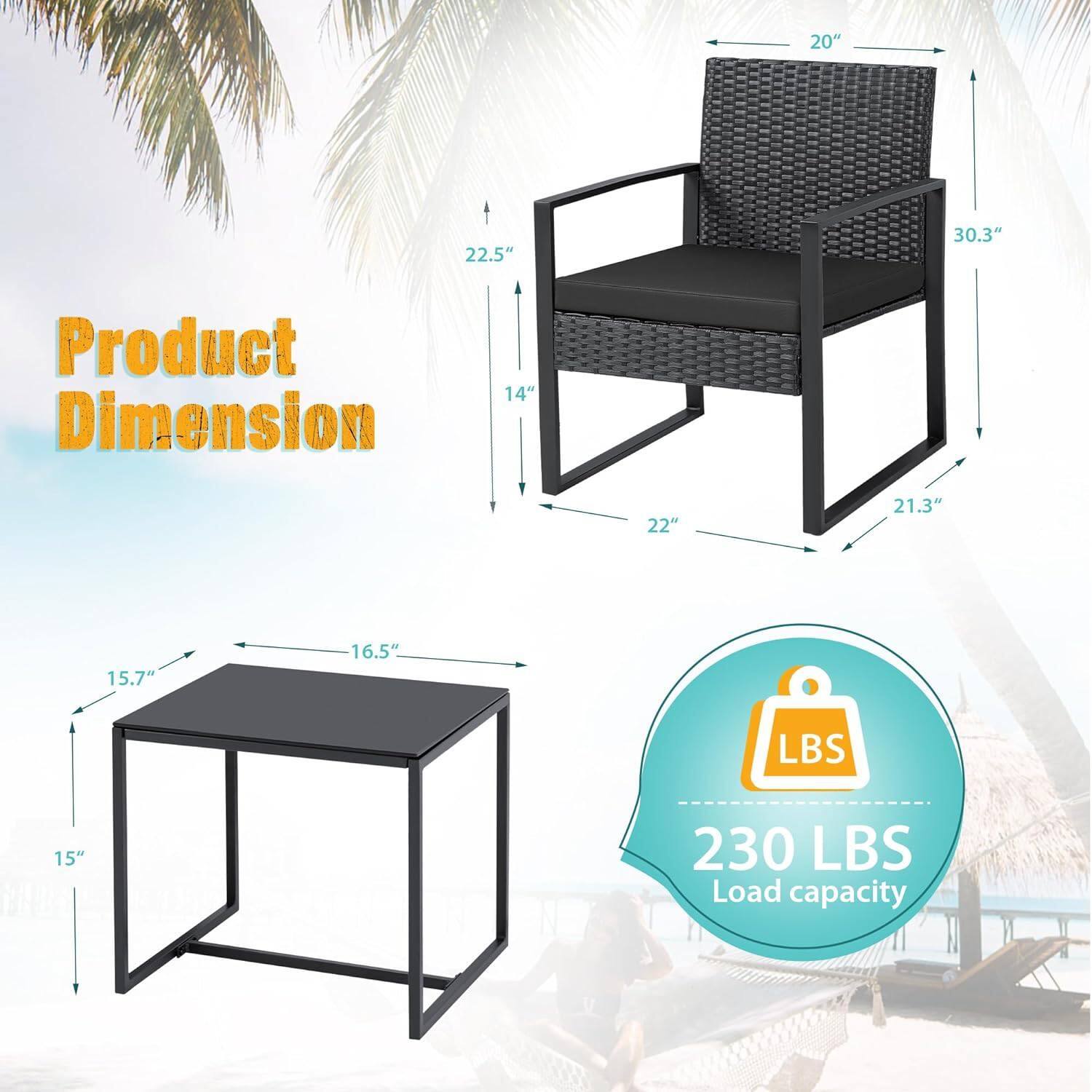 Product Dimension

- Chair:
  - Height: 30.3"
  - Width: 22"
  - Depth: 21.3"
  - Seat Height: 14"
  - Back Height: 22.5"
  - Armrest Height: 20"

- Table:
  - Height: 15"
  - Width: 16.5"
  - Depth: 15.7"

Load capacity: 230 LBS