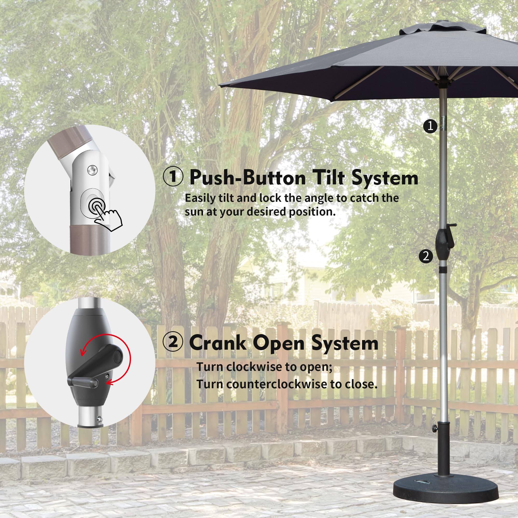 1. Push-Button Tilt System  
   Easily tilt and lock the angle to catch the sun at your desired position.

2. Crank Open System  
   Turn clockwise to open; Turn counterclockwise to close.