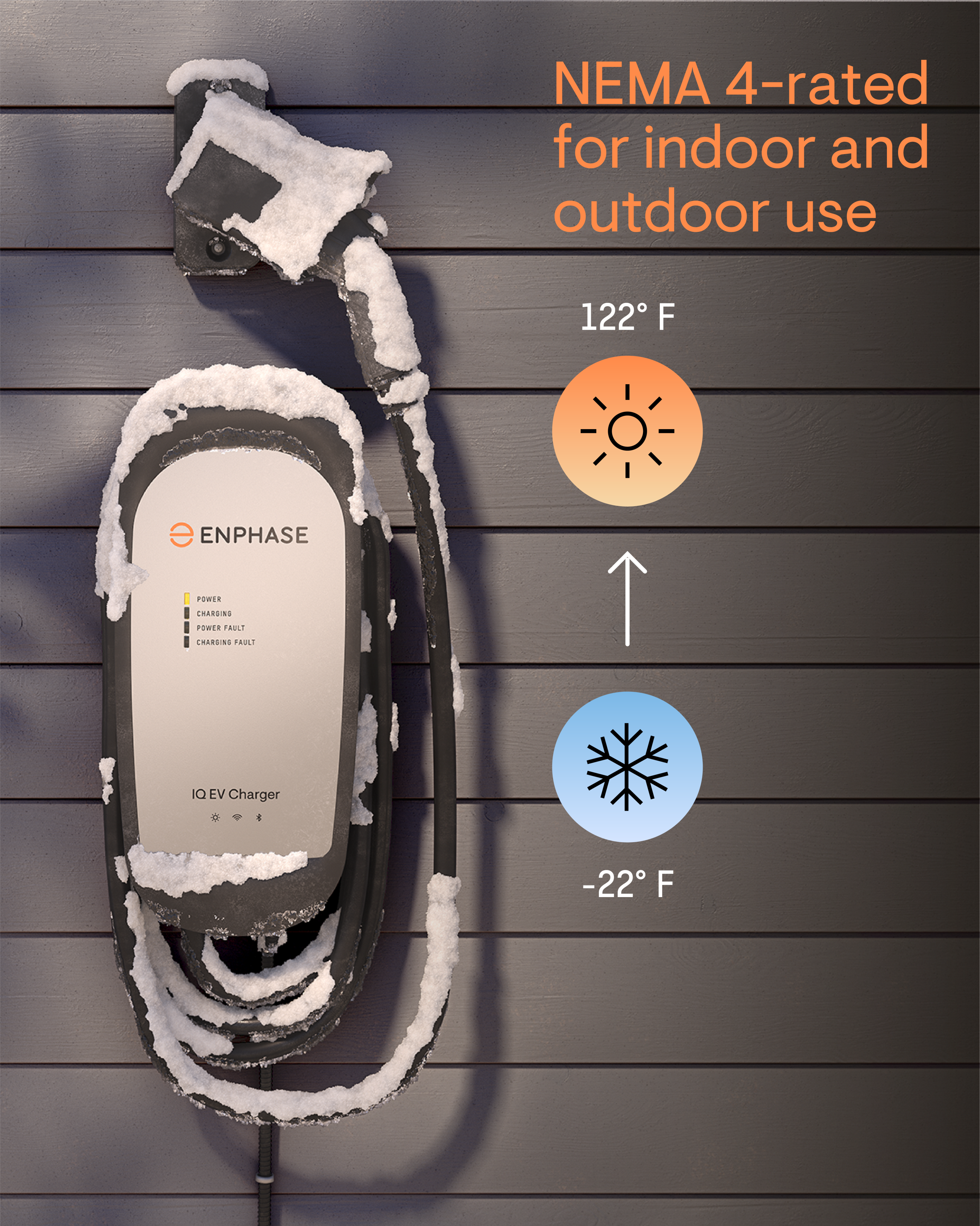 NEMA 4-rated for indoor and outdoor use

122°F

ENPHASE

IQ EV Charger

-22°F