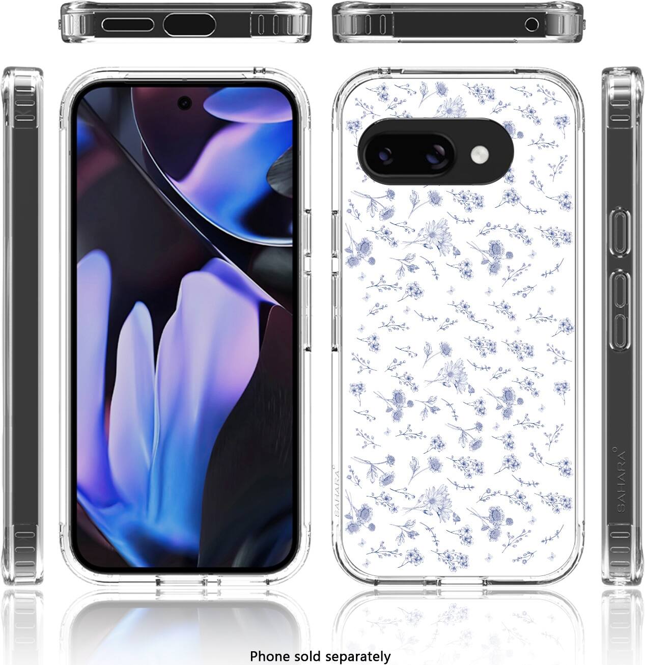 The image shows a phone case that is sold separately. The case features a design of flowers and is made of clear plastic. The case is designed to fit the SAHARA phone, which is also sold separately.