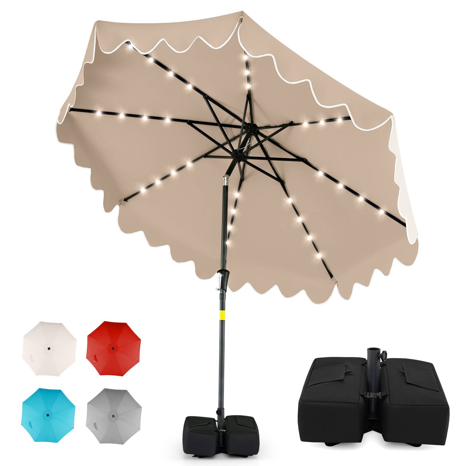 Gymax - 9 FT Outdoor Patio Umbrella w/32 Solar LED Lights & Weighted Base Sandbags - Brown