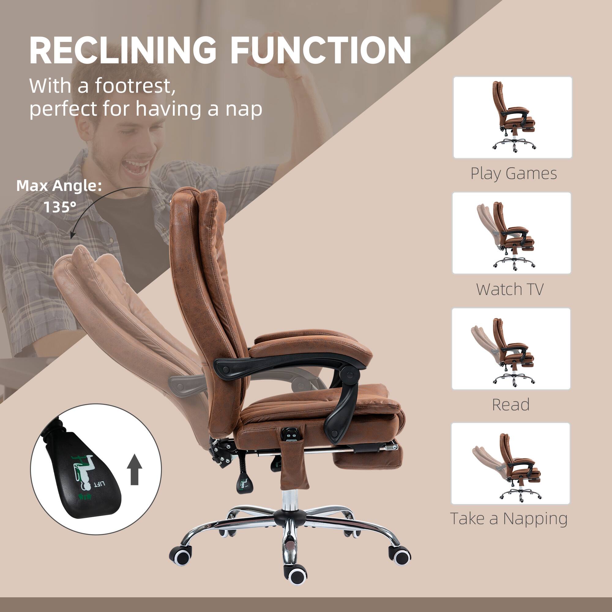 RECLINING FUNCTION
With a footrest, perfect for having a nap
Max Angle: 135°
Play Games
Watch TV
Read
Take a Napping