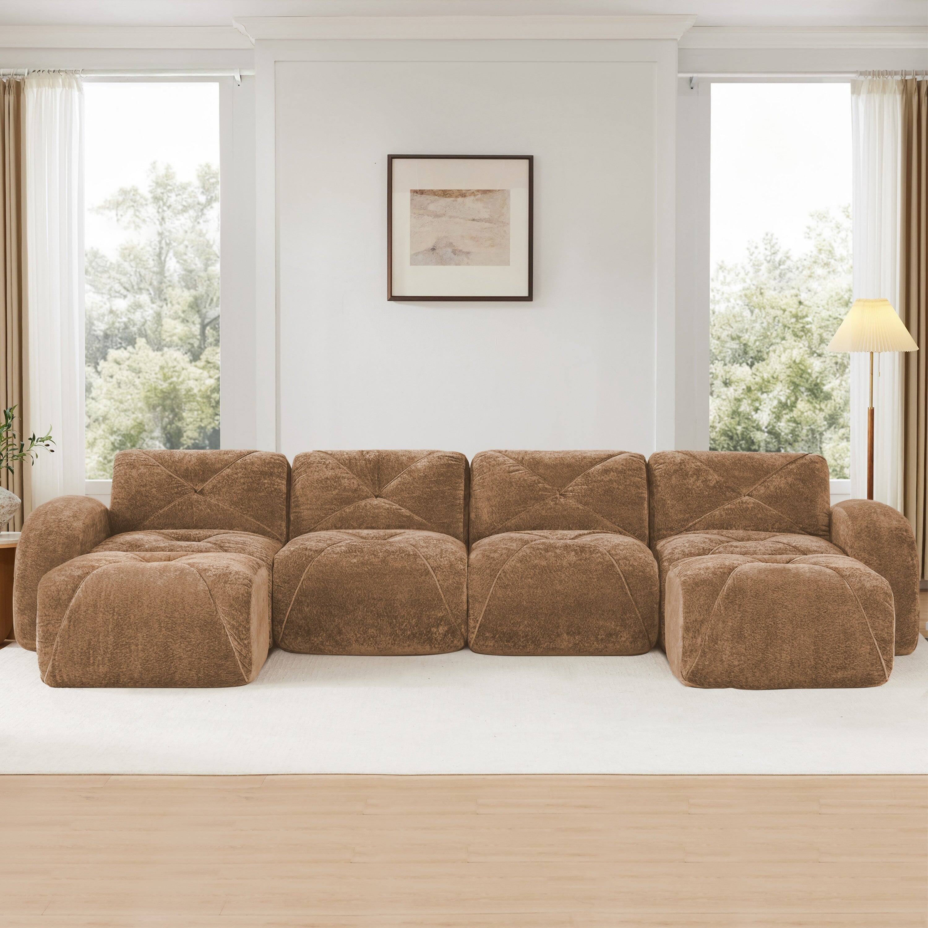 Alt View 1. Boyel Living - U Shaped Velvet Tufted Sofa Movable Ottomans 32D HD Sponge Anti Slip Free Combo No Assembly Living Theater Camel - Camel.