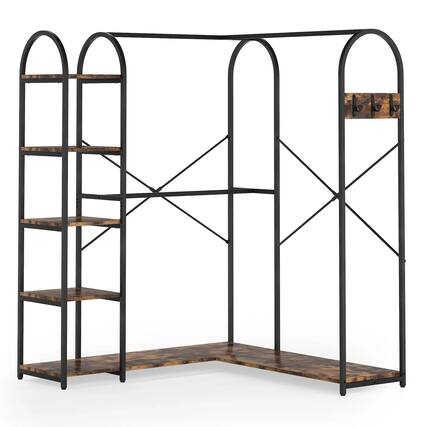 Front. Hivvago - Corner L-Shaped Garment Rack with Clothing Hanging Rods and Storage Shelves - Rustic Brown.