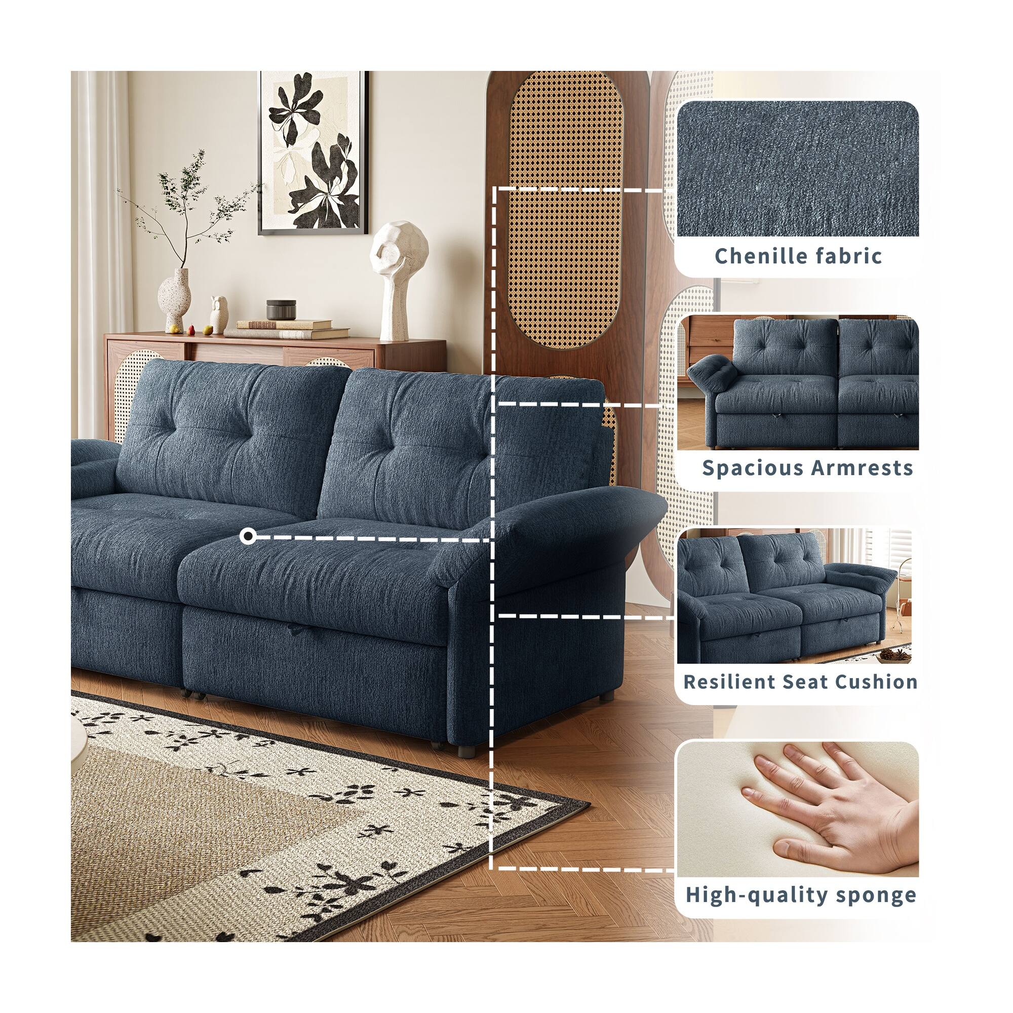 Chenille fabric  
Spacious Armrests  
Resilient Seat Cushion  
High-quality sponge