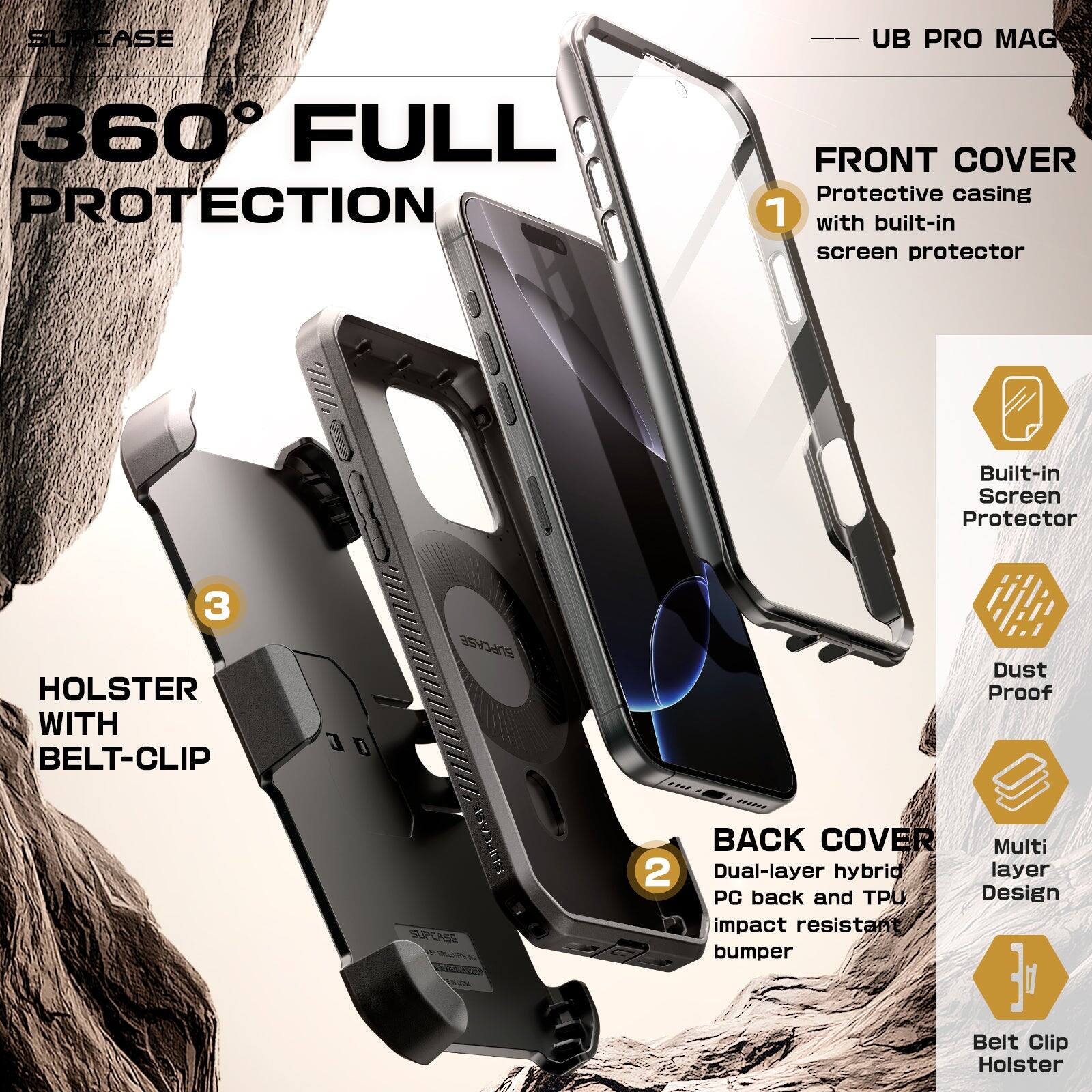 SUPLASE UB PRO MAG 360 FULL PROTECTION FRONT COVER Protective casing 1 with built-in screen protector "II/l Built-in Screen Protector 3 HOLSTER WITH BELT-CLIP SUPCASE B SUPCASE 2 Dust Proof 2000 BACK COVER Multi Dual-layer hybrid layer PC back and TPU Design impact resistant bumper Belt Clip Holster