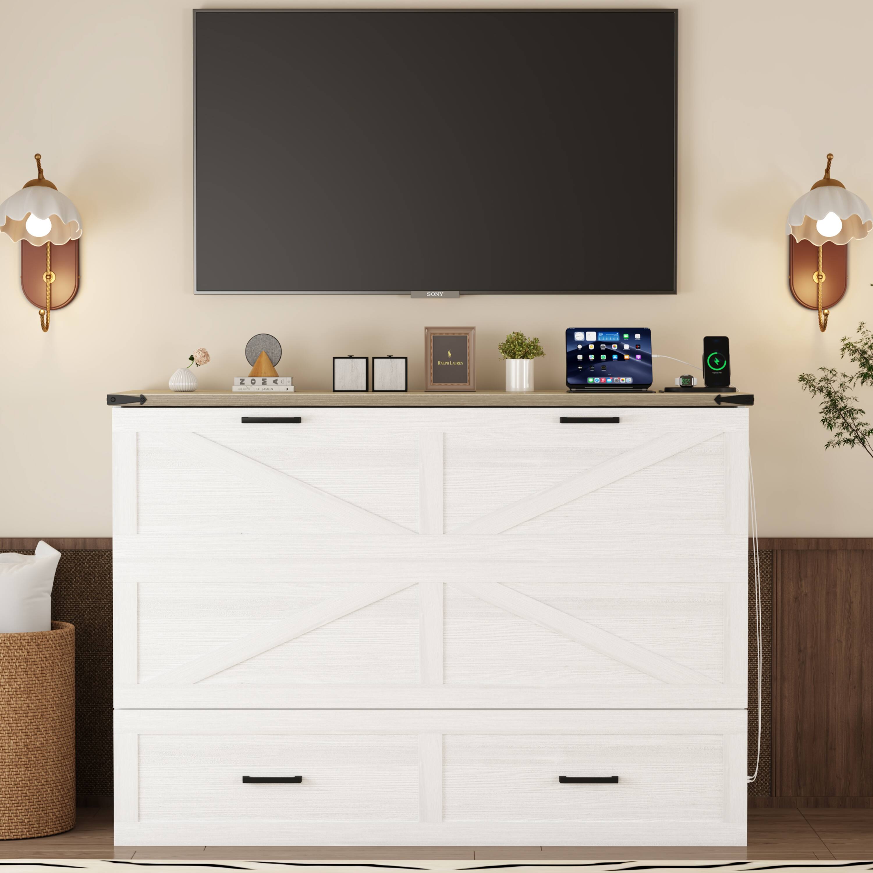 Alt View 1. Tiramisubest - Queen Size Murphy Cabinet Bed with Charging Station, Foldable Platform Bed with Large Storage Drawer, White - White.