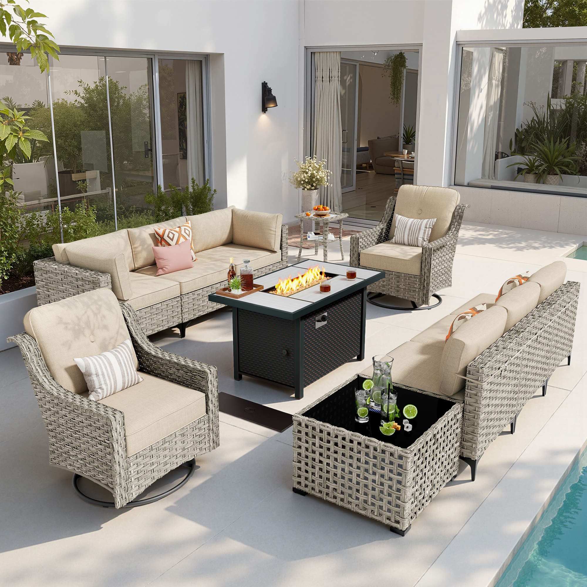 Ovios - 11 PCS Patio Furniture Sectional Sofa Set with Swivel Chair Coffee Table & 42" Firepit Table - Beige