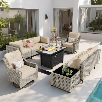 Front. Ovios - 11 PCS Patio Furniture Sectional Sofa Set with Swivel Chair Coffee Table & 42" Firepit Table - Beige.