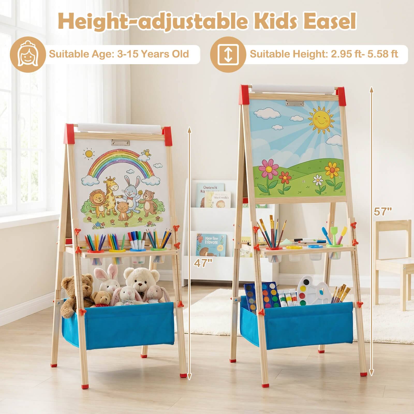 Height-adjustable Kids Easel  
Suitable Age: 3-15 Years Old  
Suitable Height: 2.95 ft - 5.58 ft  
47"  
57"