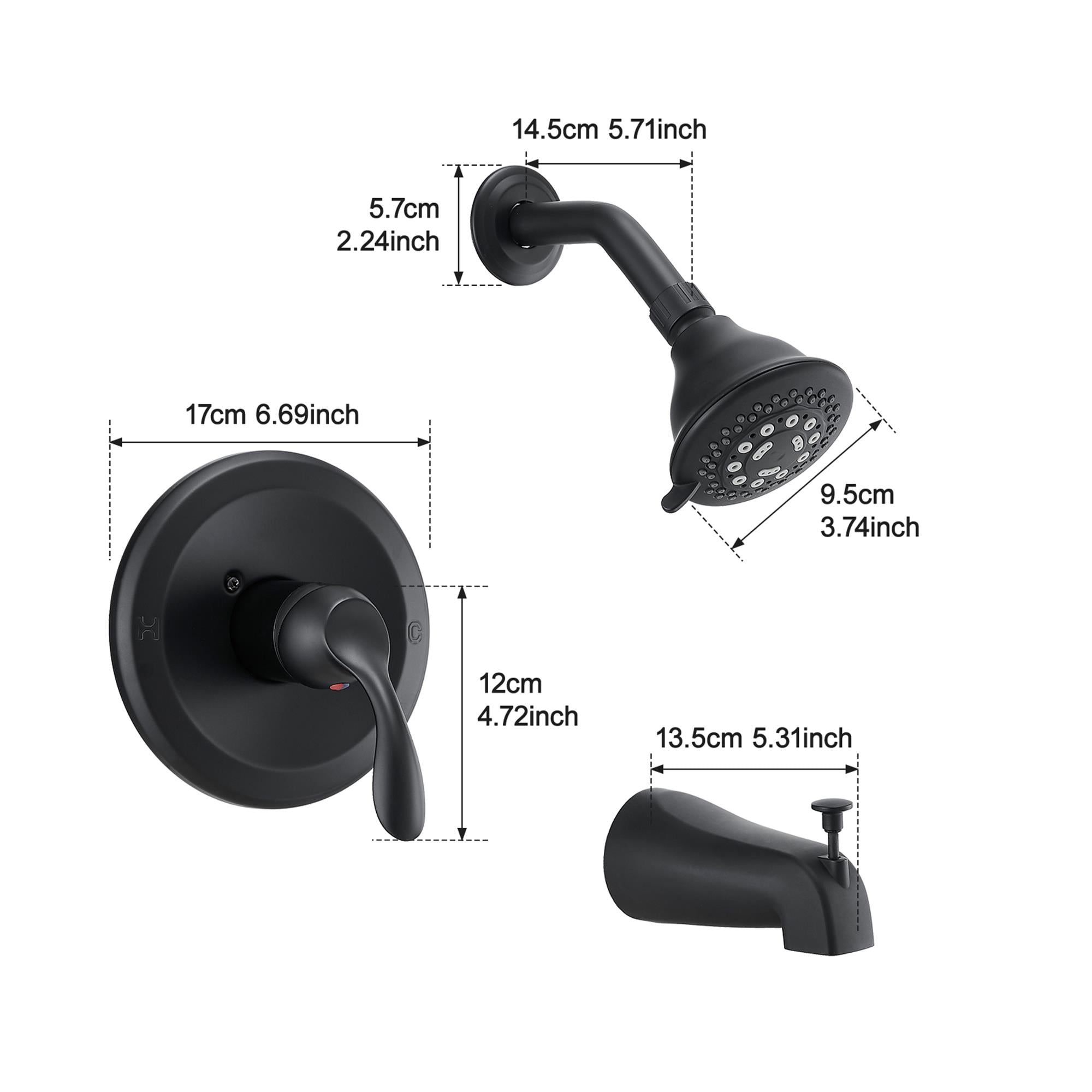 14.5cm 5.71inch  
5.7cm 2.24inch  
17cm 6.69inch  
9.5cm 3.74inch  
12cm 4.72inch  
13.5cm 5.31inch