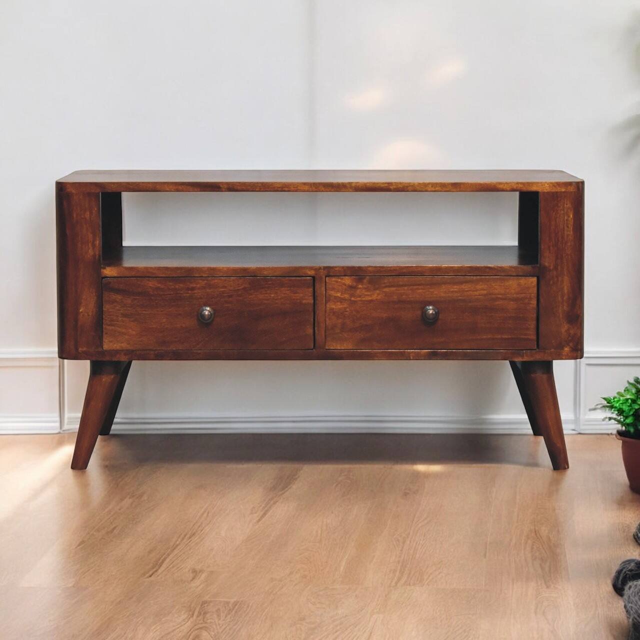 Angle. Artisan Furniture - Artisan Furniture Solid Wood Bera Media Unit, 2 Drawers, 1 Open Slot, Dark Brown - Brown.