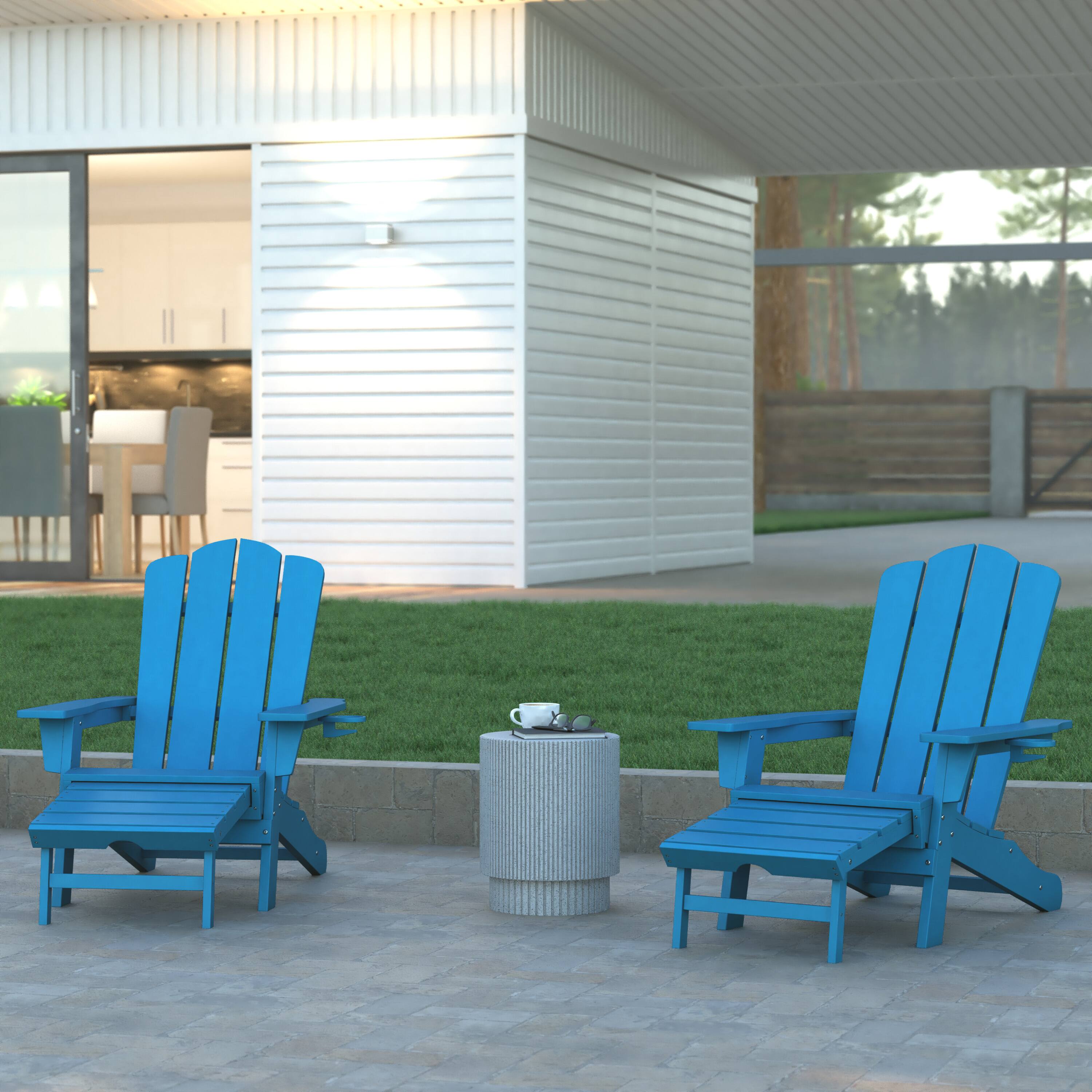 Alt View 2. Emma + Oliver - Haley Set of 2 Adirondack Chairs with Cup Holders and Pull Out Ottoman, All-Weather HDPE Indoor/Outdoor Lounge Chairs - Blue.