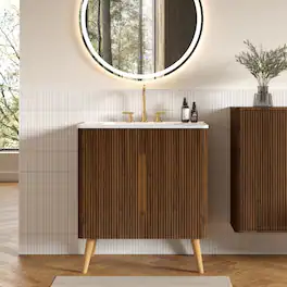 Loheer - 30 inch freestanding bathroom vanity striped walnut finish carrara white ceramic sink - White+Walnut
