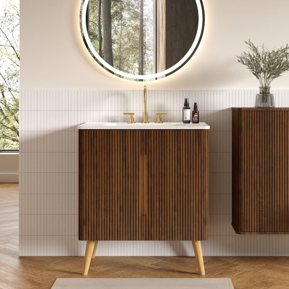 Front. Loheer - Loheer 30 inch freestanding bathroom vanity striped walnut finish carrara white ceramic sink - White+Walnut.