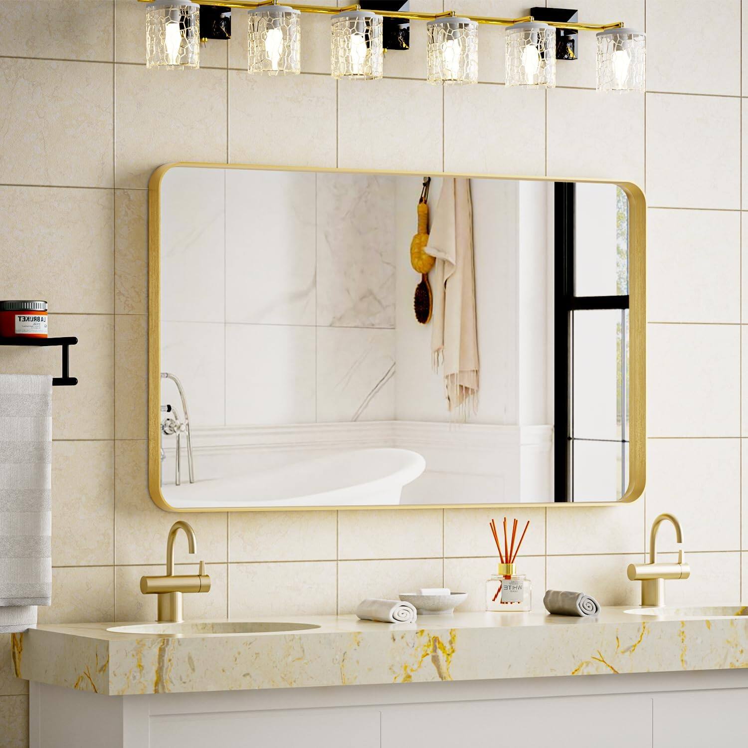 Alt View 3. Cedar Assembly - Bathroom Mirror Gorgeous Deep Frame Wall Modern Round Corner Vanity For Bedroom Living Room Hanging Or Le... - Gold-30"L x 20"W.