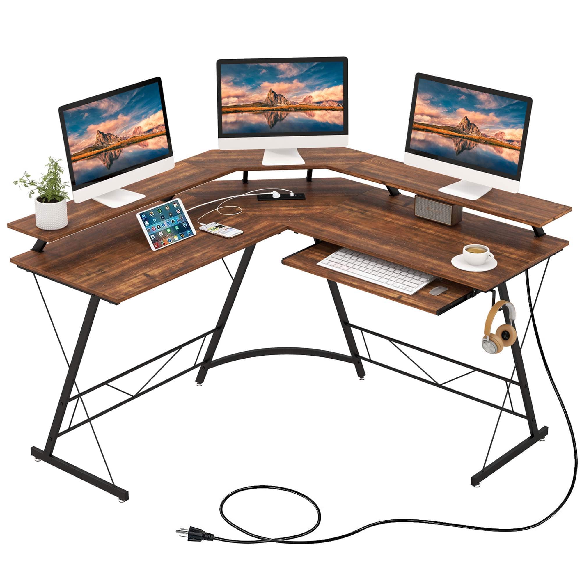 Costway - L-shaped Computer Desk with Power Outlet 51" Corner Computer Workstation - Rustic Brown