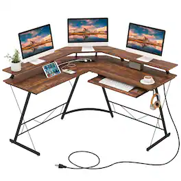 Costway - L-shaped Computer Desk with Power Outlet 51" Corner Computer Workstation - Rustic Brown