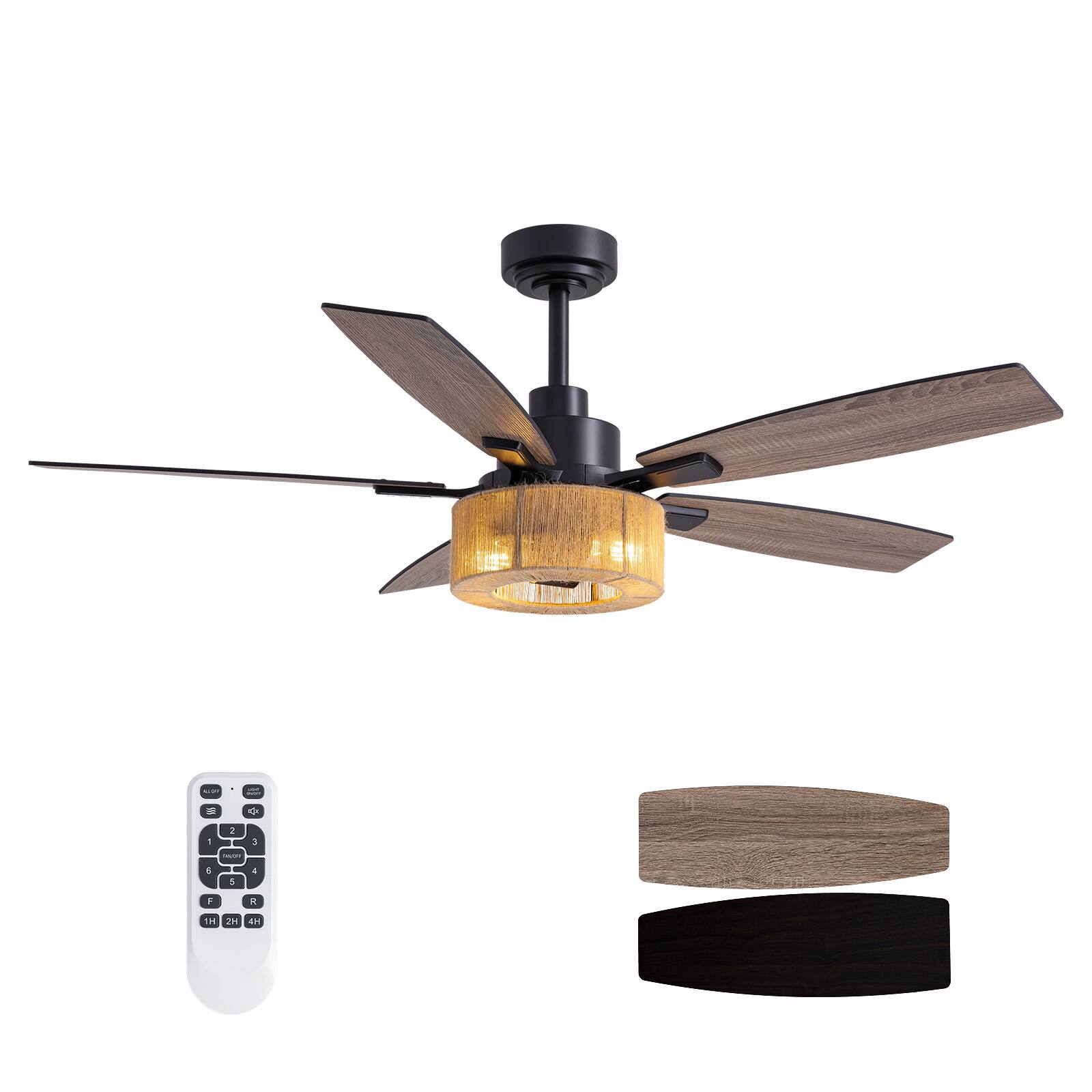 Angle. Siljoy - 52-in Boho Black Hemp Ceiling Fan with Light and Remote Control Include(Bulb not include) - Black.