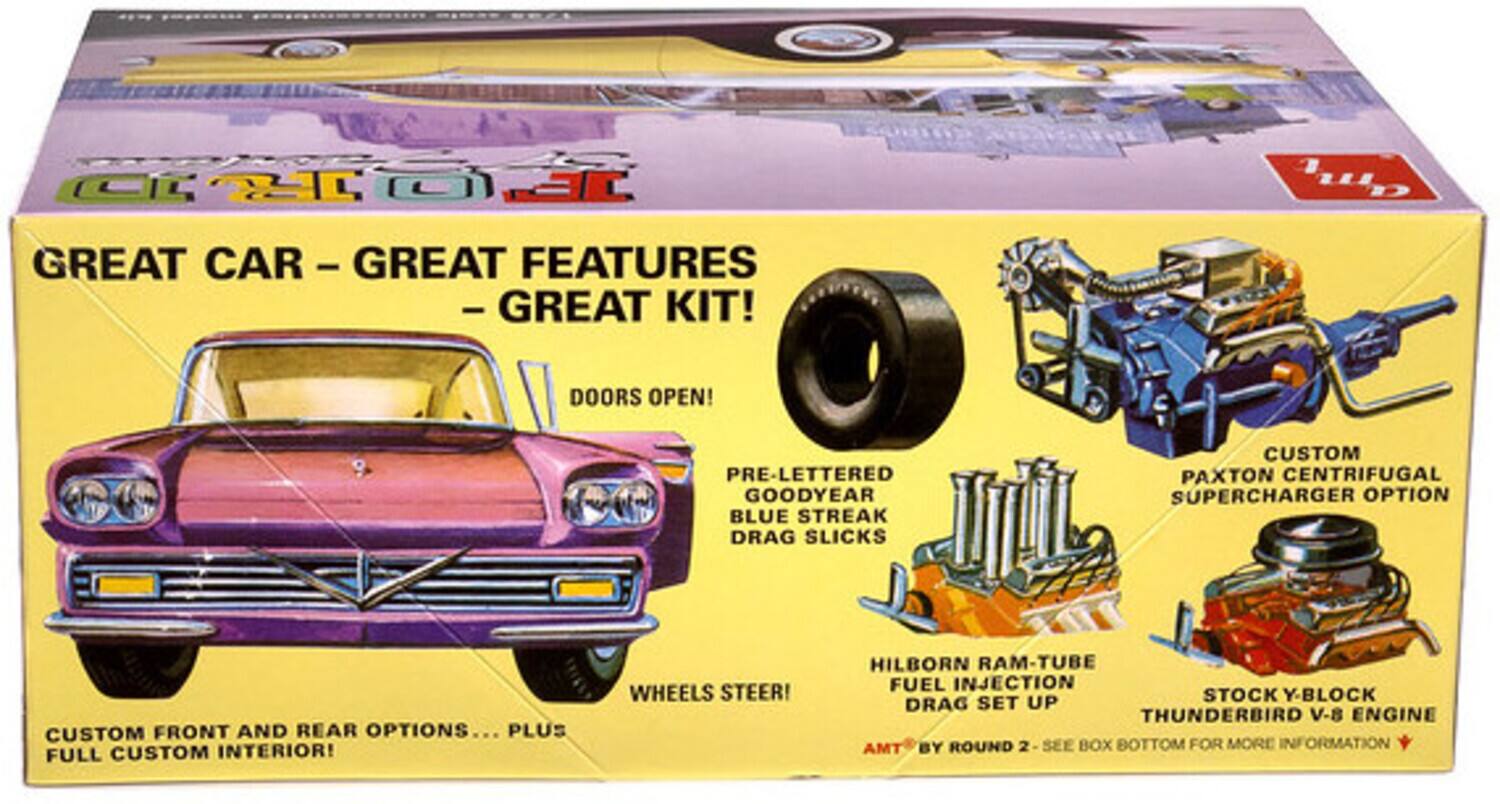 GREAT CAR - GREAT FEATURES - GREAT KIT!  
DOORS OPEN!  
PRE-LETTERED GOODYEAR BLUE STREAK DRAG SLICKS  
CUSTOM PAXTON CENTRIFUGAL SUPERCHARGER OPTION  
CUSTOM FRONT AND REAR OPTIONS... PLUS FULL CUSTOM INTERIOR!  
WHEELS STEER!  
HILBORN RAM-TUBE FUEL INJECTION STOCK Y-BLOCK DRAG SET UP  
THUNDERBIRD V-8 ENGINE  
AMT BY ROUND 2 - SEE BOX BOTTOM FOR MORE INFORMATION