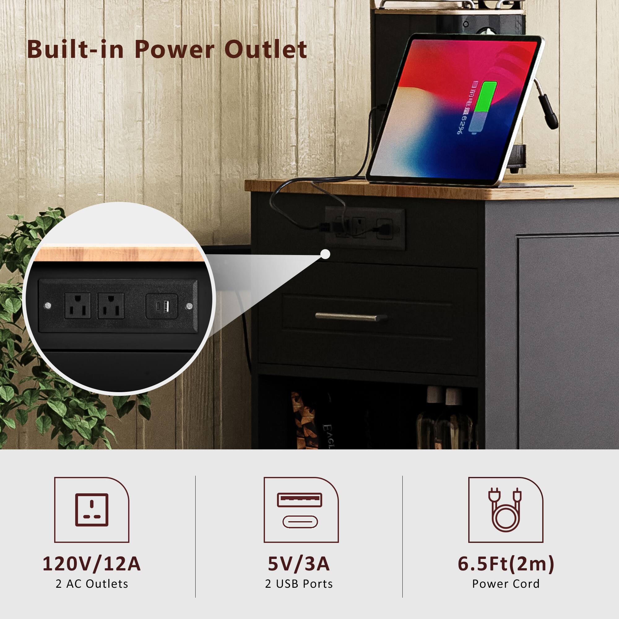 Built-in Power Outlet

- 120V/12A
- 2 AC Outlets
- 5V/3A
- 2 USB Ports
- 6.5Ft (2m) Power Cord
