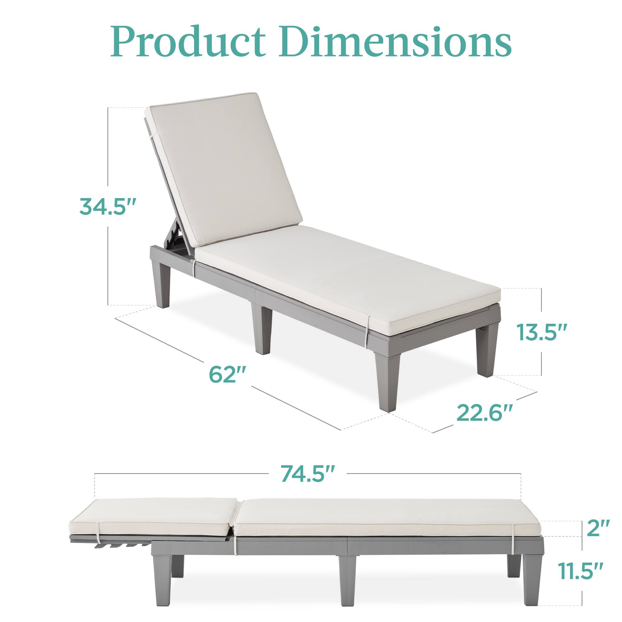 Product Dimensions

- 34.5"
- 62"
- 13.5"
- 22.6"
- 74.5"
- 2"
- 11.5"