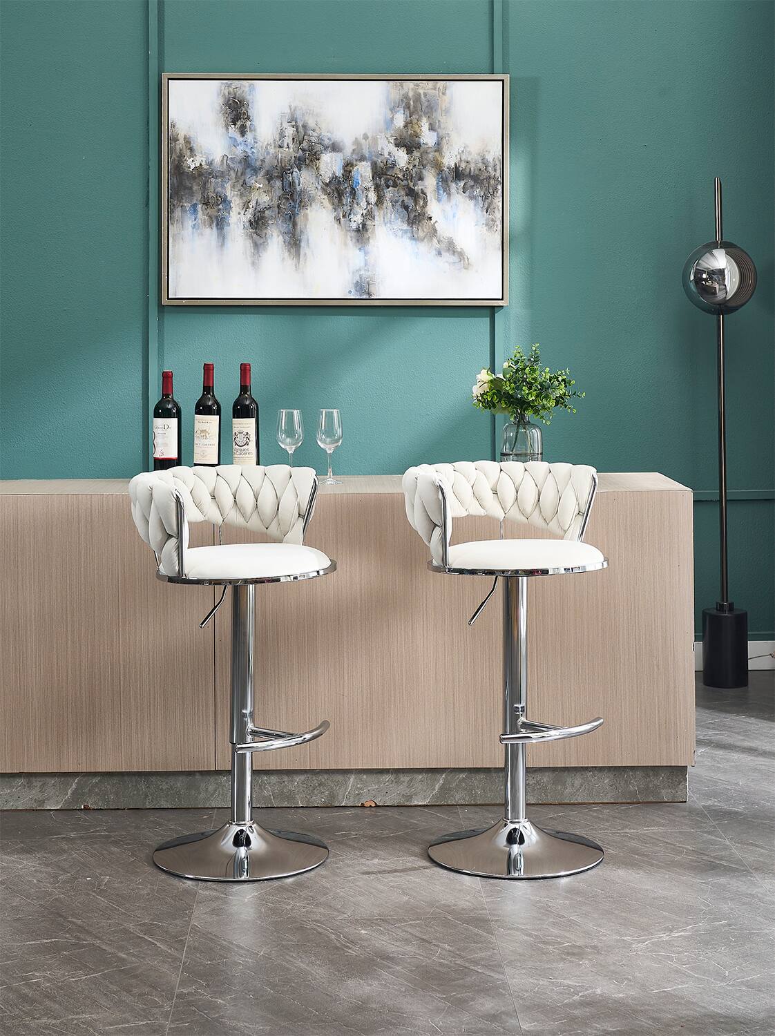 Alt View 2. APRILSOUL - Set of 2 Bar Stools Chrome Footrest Base Swivel Height Adjustable Velvet Chrome Leg CREAM - White.