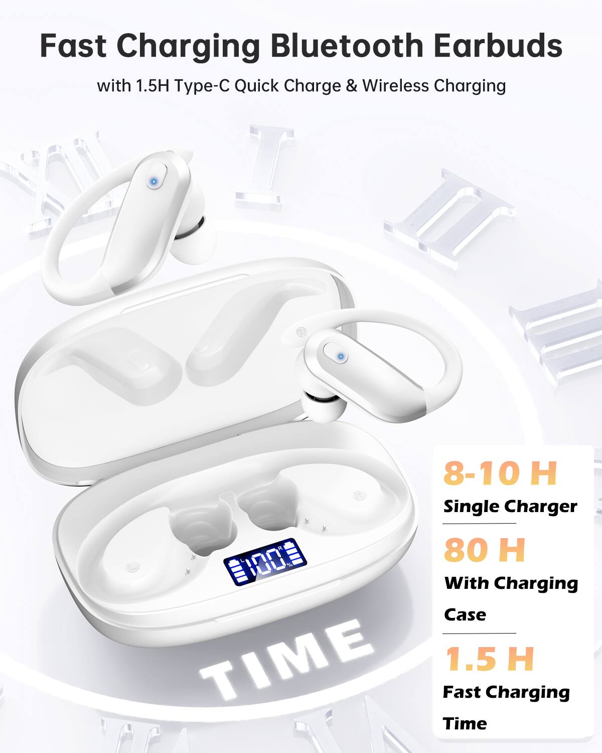 Fast Charging Bluetooth Earbuds  
with 1.5H Type-C Quick Charge & Wireless Charging  

- 8-10 H Single Charger  
- 80 H With Charging Case  
- 1.5 H Fast Charging Time
