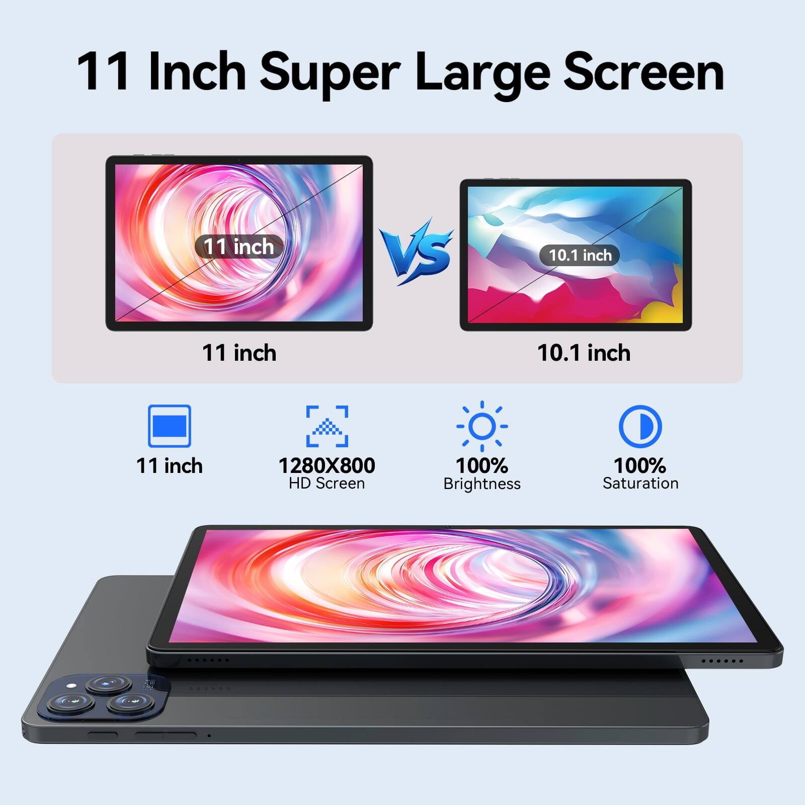 11 Inch Super Large Screen

11 inch
VS
10.1 inch

11 inch
10.1 inch

11 inch
1280X800 HD Screen
100% Brightness
100% Saturation
