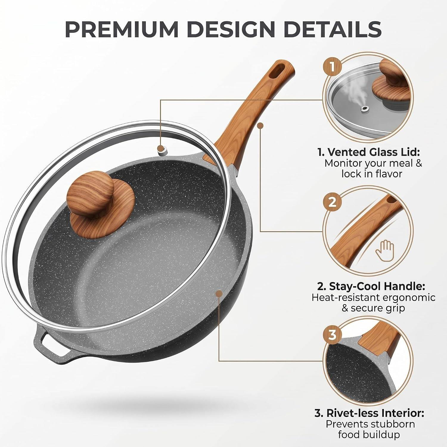 PREMIUM DESIGN DETAILS

1. Vented Glass Lid: Monitor your meal & lock in flavor
2. Stay-Cool Handle: Heat-resistant ergonomic & secure grip
3. Rivet-less Interior: Prevents stubborn food buildup