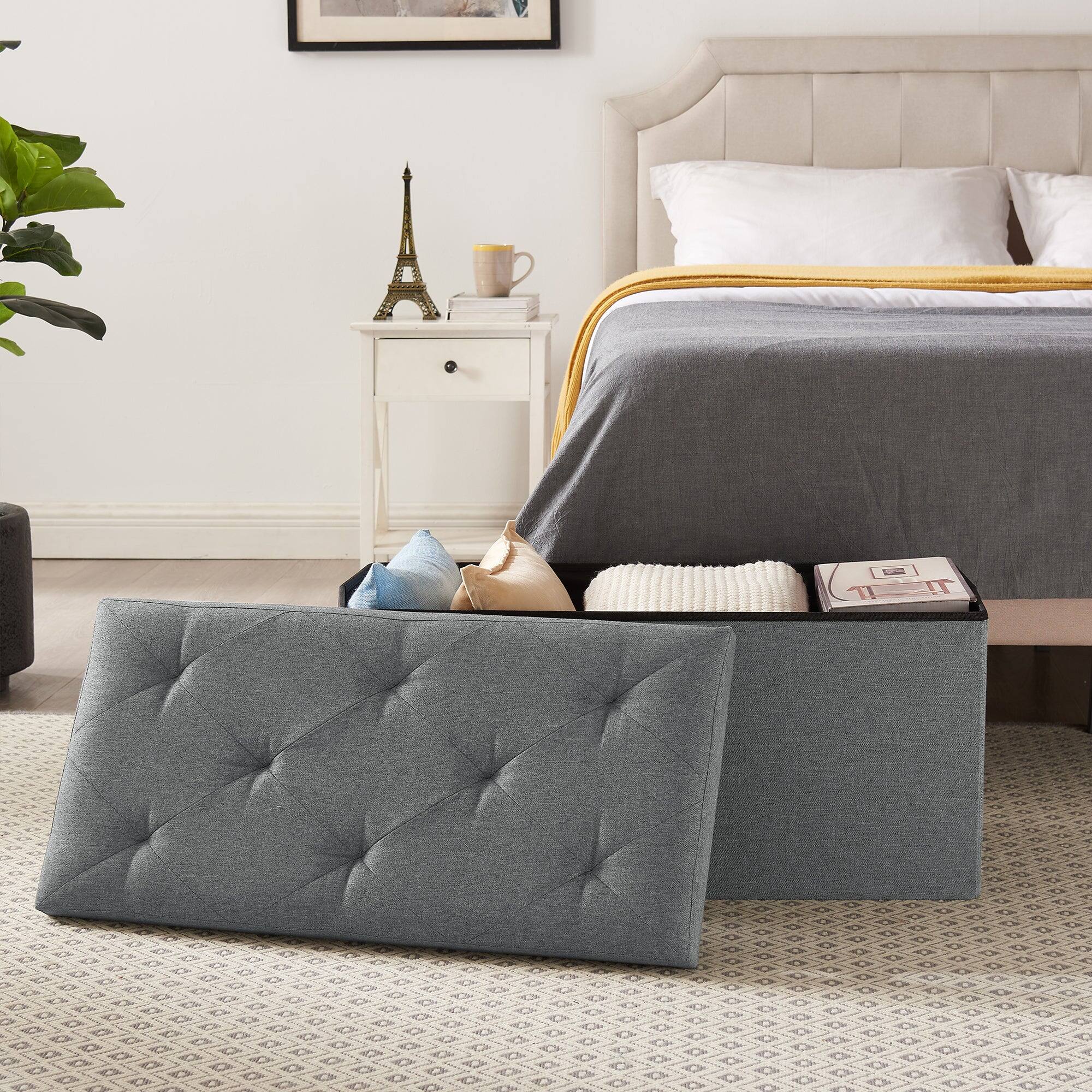 Alt View 2. Vecelo - 30" Storage Ottoman Bench with Folding Design, Large Capacity Linen Storage Bench for Bedroom & Living Room - Dark Grey.