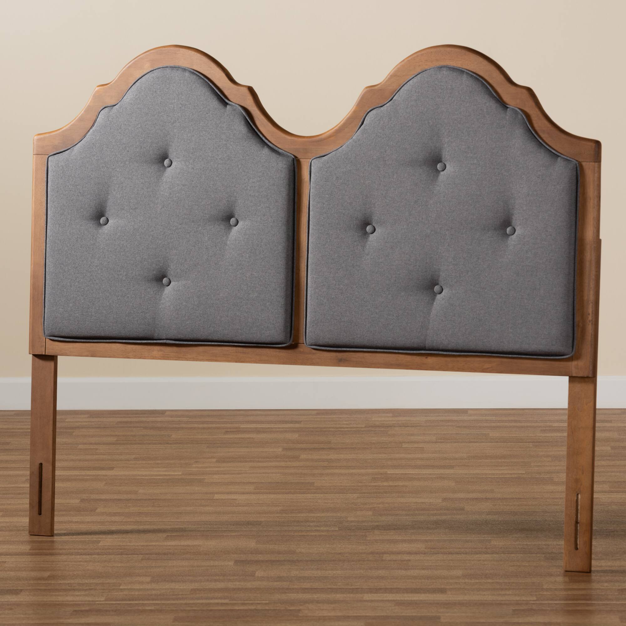Alt View 1. Baxton Studio - Falk Vintage Classic Traditional Fabric Upholstered and Finished Wood Queen Size Arched Headboard - Dark Grey/Walnut Brown.