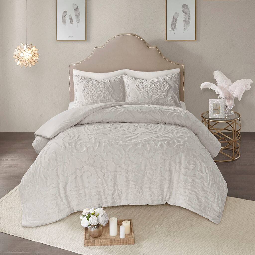 Alt View 2. Gracie Mills - Gracie Mills Ray 3-Piece Boho Chic Tufted Cotton Chenille Medallion Duvet Set - Grey.