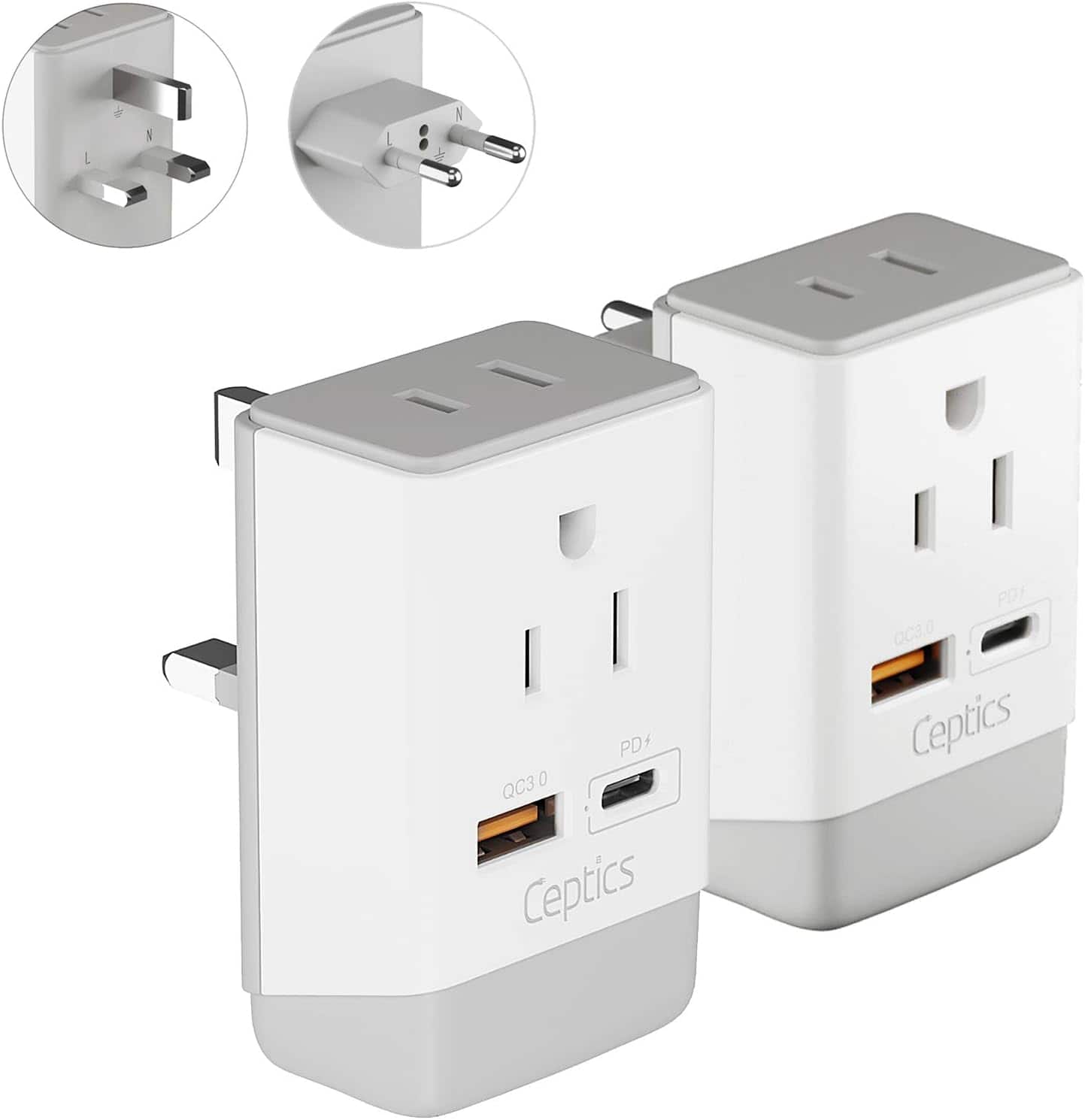 Ceptics - European & UK Plug Adapter 2-Pack – Type C & G, Dual USB & USB-C PD/QC 3.0, 2 USA Outlets, Fast Charging - White Gray price history on PriceWatchPro