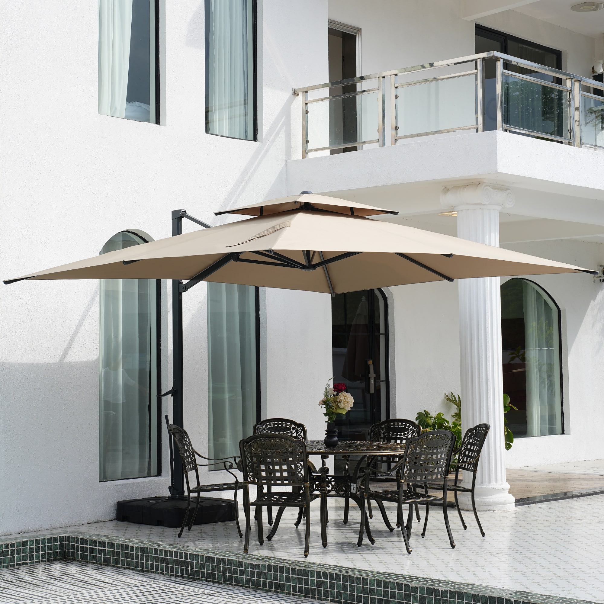 Mondawe - 10*13ft Patio Cantilever Umbrella Double Top Offset Umbrella with Base - Tan