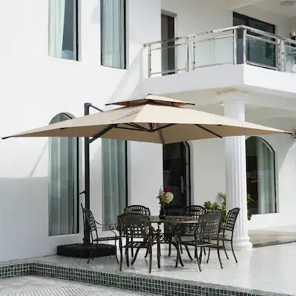 Front. Mondawe - 10*13ft Patio Cantilever Umbrella Double Top Offset Umbrella with Base - Tan.