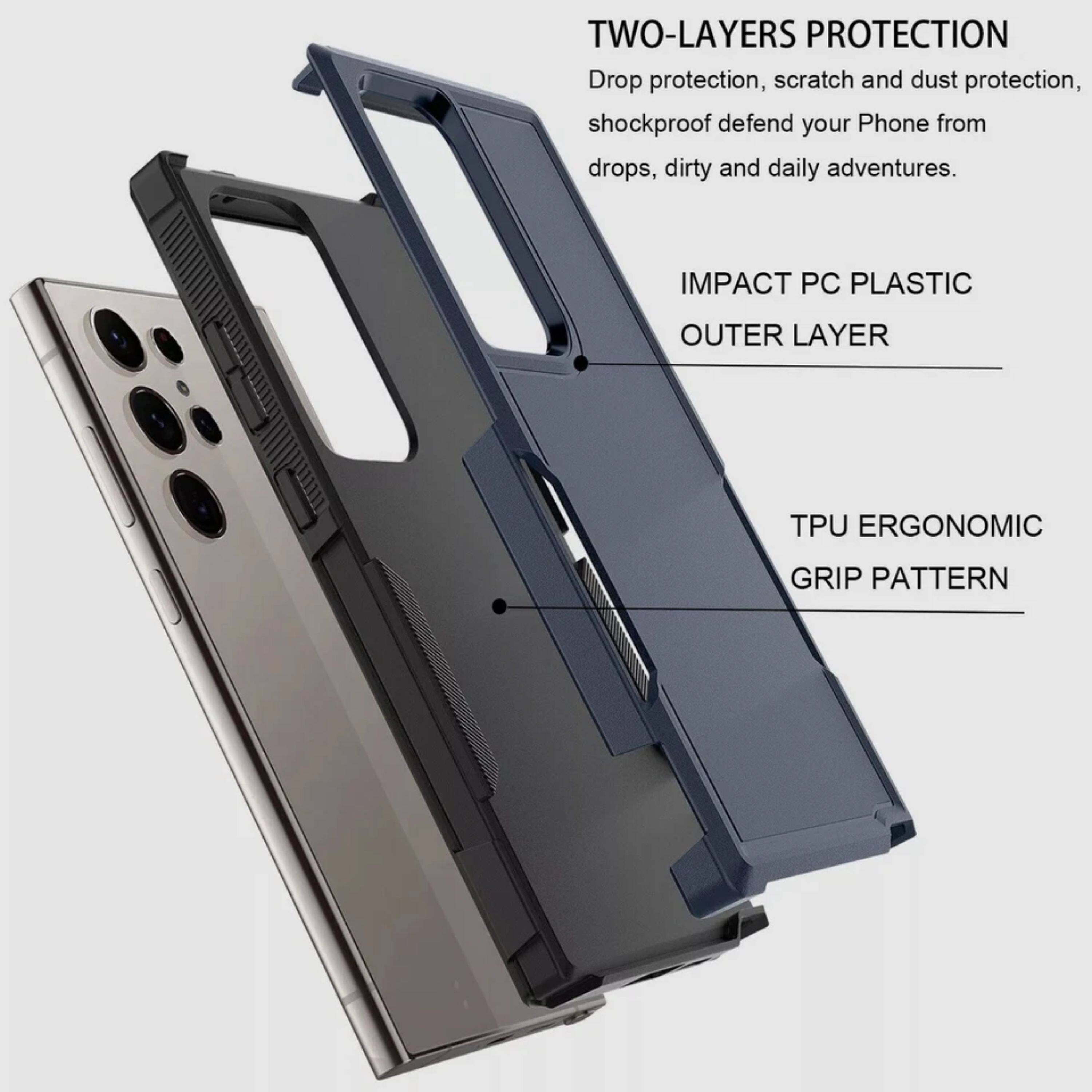 TWO-LAYERS PROTECTION  
Drop protection, scratch and dust protection, shockproof defend your Phone from drops, dirty and daily adventures.  
IMPACT PC PLASTIC OUTER LAYER  
TPU ERGONOMIC GRIP PATTERN