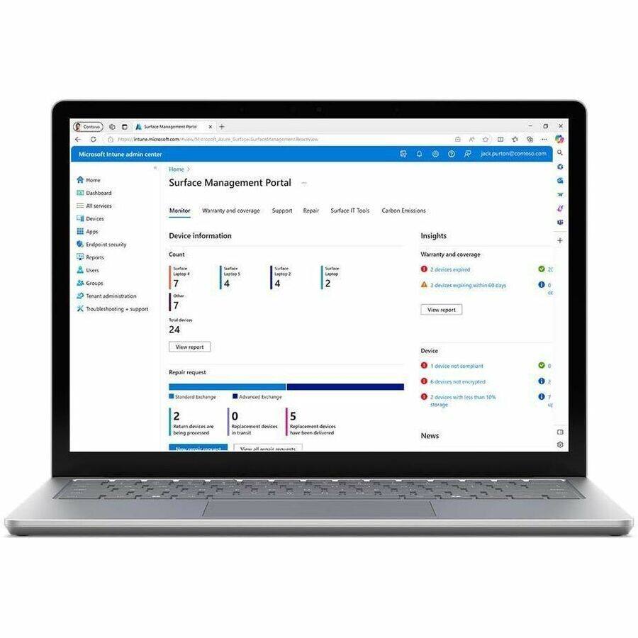 Sure, here is the corrected and grouped text from the image:

---

**Microsoft Intune admin center**

**Surface Management Portal**

- **Home**
- **Dashboard**
- **All services**
- **Devices**
- **Apps**
- **Endpoint security**
- **Reports**
- **Users**
- **Groups**
- **Tenant administration**
- **Troubleshooting + support**

**Device information**

- **Count**
  - Surface 4: 7
  - Surface 5: 4
  - Surface 2: 4
  - Laptop: 2

- **24 devices**
  - View report

**Repair request**

- **Standard Exchange**
  - 2 return devices are being processed
- **Advanced Exchange**
  - 0 replacement devices in transit
  - 5 replacement devices have been delivered

**Insights**

- **Warranty and coverage**
  - 2 devices expired
  - 3 devices expiring within 60 days
  - View report

- **Device**
  - 1 device not compliant
  - 6 devices not encrypted
  - 2 devices with less than 10% storage

- **News**

**Surface IT Tools**

**Carbon Emissions