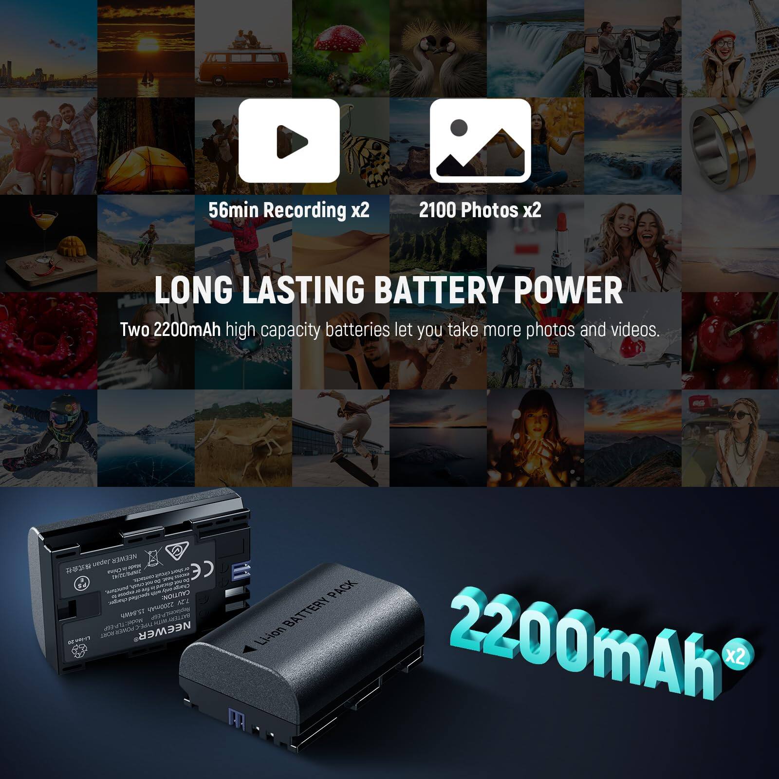 56min Recording x2  
2100 Photos x2  
LONG LASTING BATTERY POWER  
Two 2200mAh high capacity batteries let you take more photos and videos.  

CAUTION  
1 dmu KC2 1 5500 G MPFT LUALIB MudiTLP-DoP AN PuO 1%% IL NEEWER APLIN DE  

PACK BATTERY Li-ion 2200mAh x2