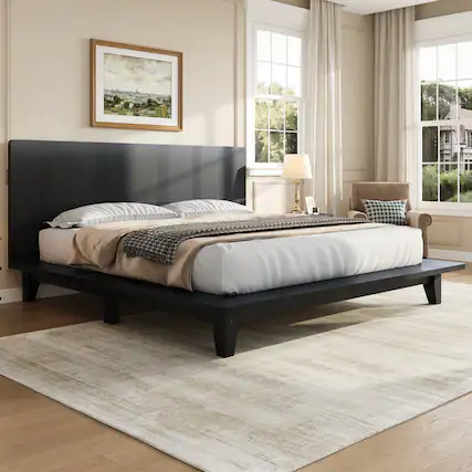 Front. Whisen - Wood Platform Bed Frame with Headboard, Sturdy Bed Support for Bedroom - Black.
