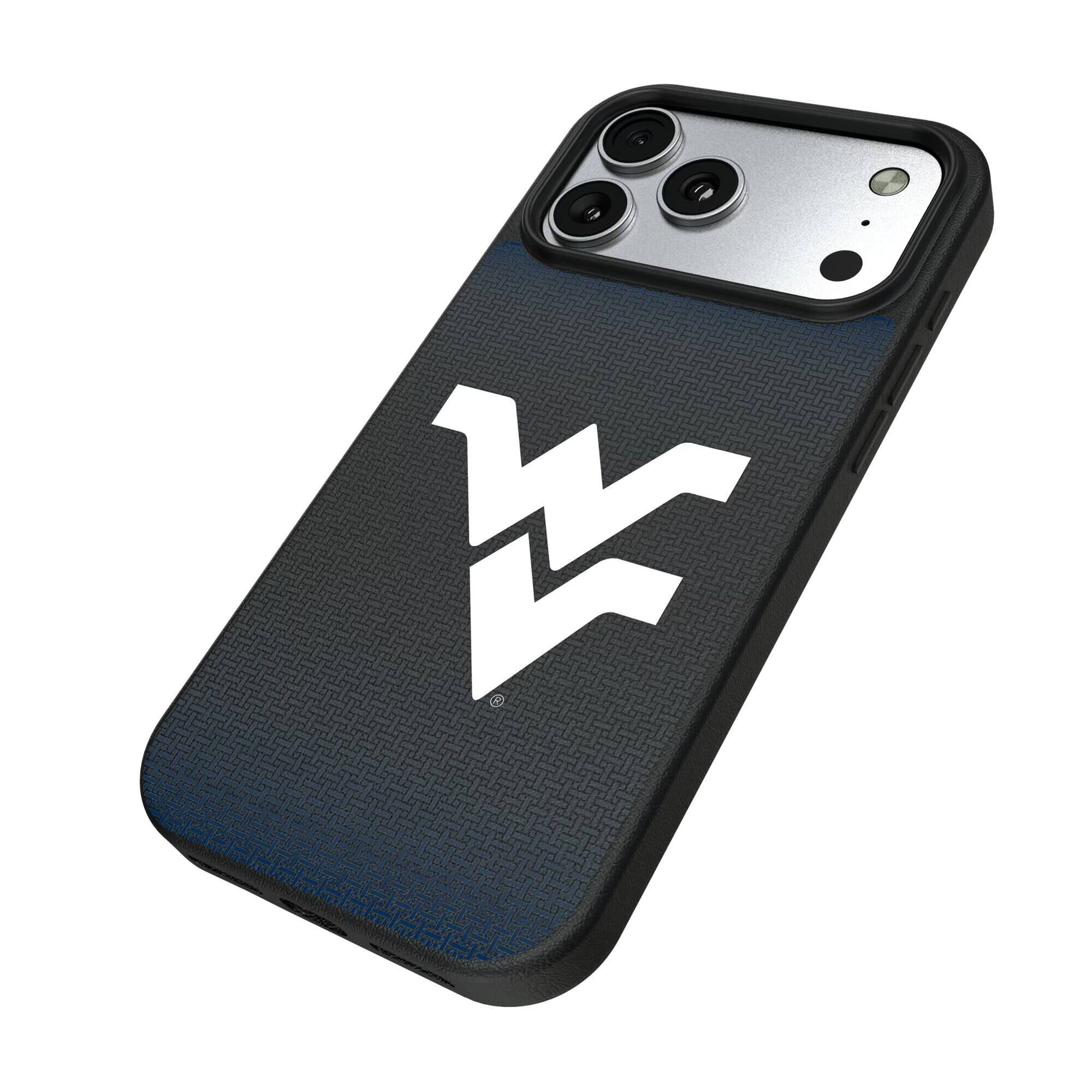 Alt View 1. Keyscaper - West Virginia Mountaineers Linen Logo iPhone Magnetic Bump Case - 17 Pro - Black.