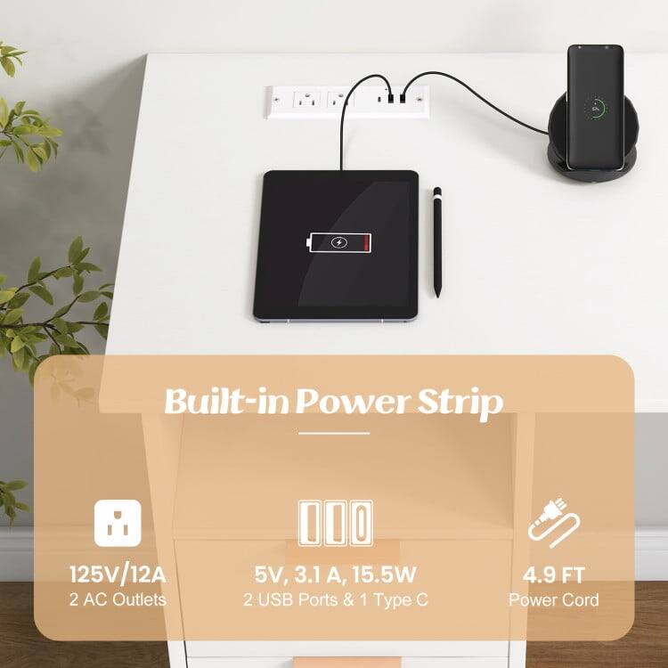 Built-in Power Strip  
125V/12A  
2 AC Outlets  
5V, 3.1A, 15.5W  
2 USB Ports & 1 Type C  
4.9 FT Power Cord