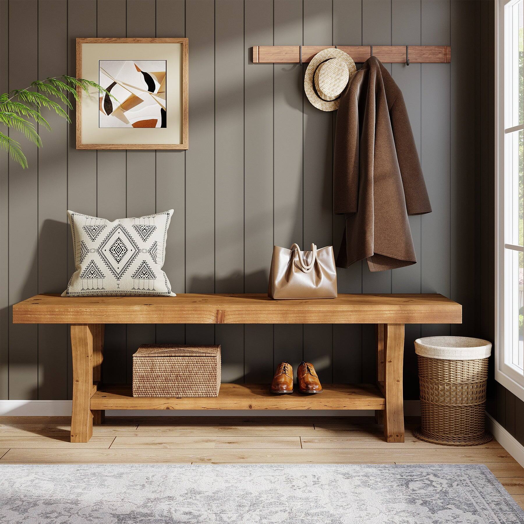 Back. Tribesigns - Office Reception Bench with Solid Wood Construction, Storage Shelves, for Office Entryways and Waiting Areas - Brown.