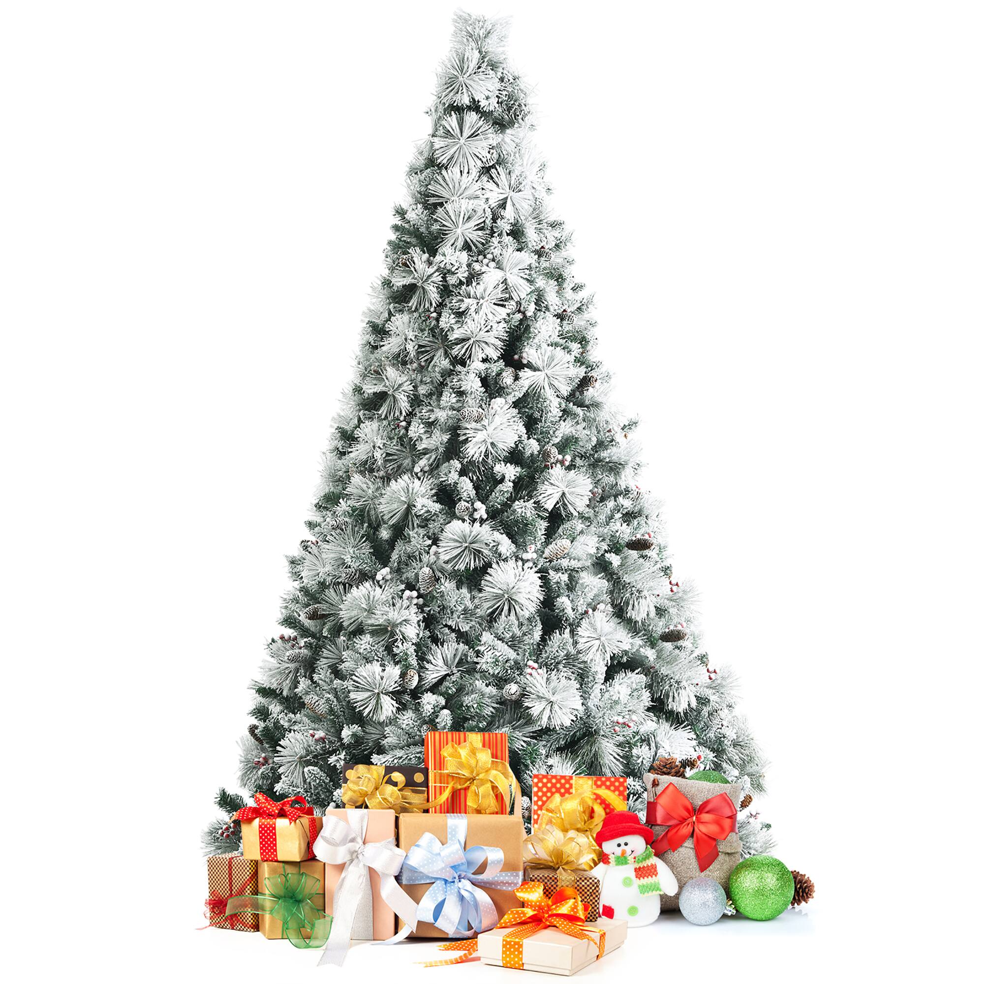 Alt View 19. Costway - 8ft Snow Flocked Christmas Tree Glitter Tips w/ Pine Cone & Red Berries - Green/White.