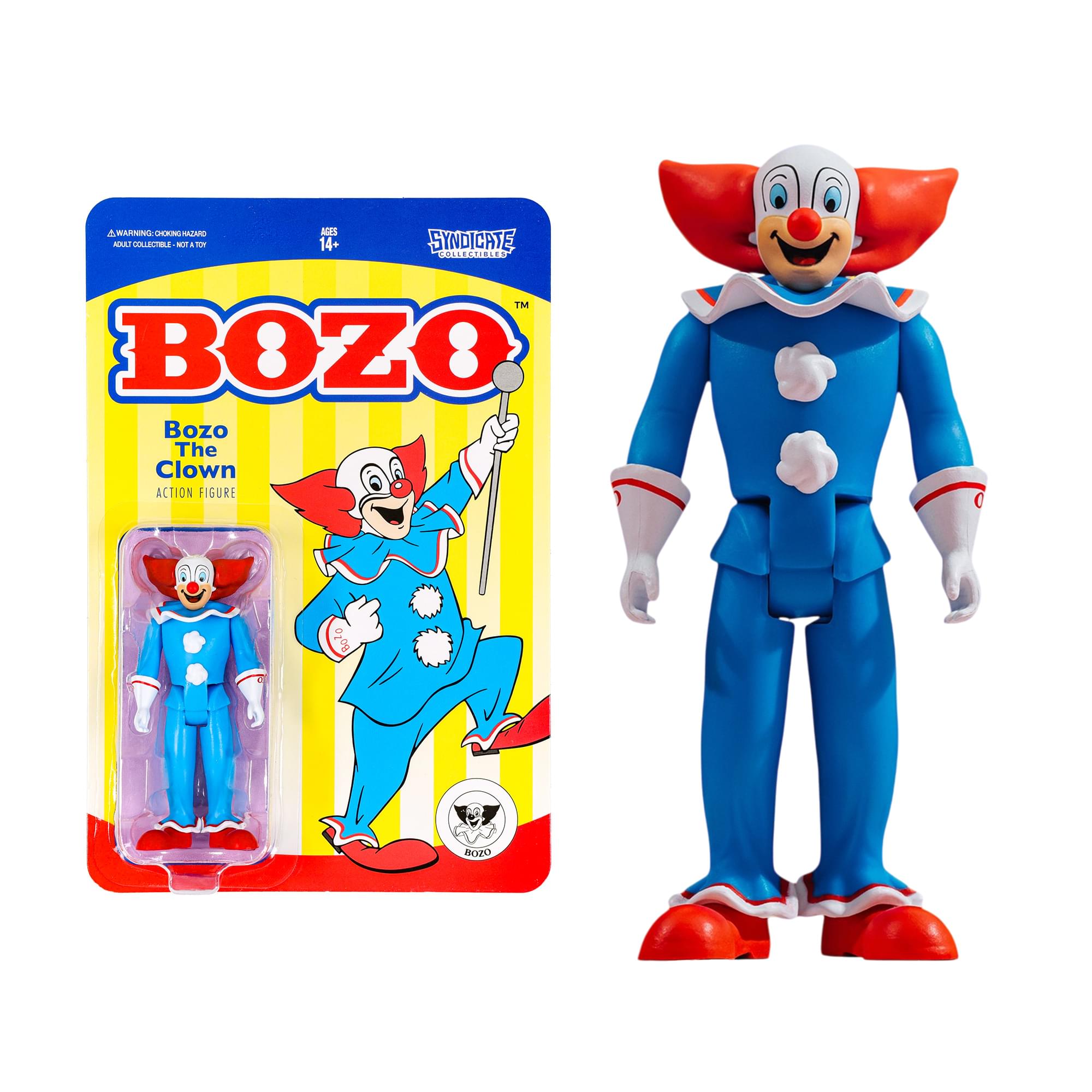 WARNING: CHOKING HAZARD - ADULT COLLECTIBLE - NOT A TOY - AGES 14+  
SYNDICATE COLLECTIBLE  
TM BOZO  
Bozo The Clown ACTION FIGURE