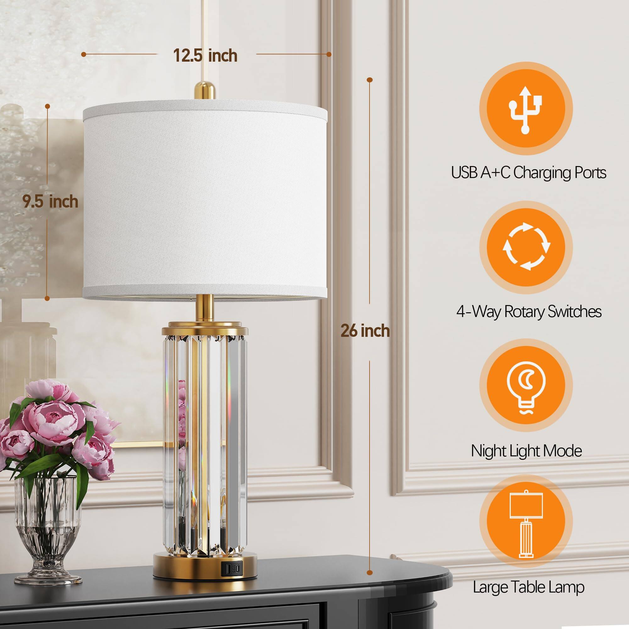 - 12.5 inch
- 9.5 inch
- 26 inch

- USB A+C Charging Ports
- 4-Way Rotary Switches
- Night Light Mode
- Large Table Lamp