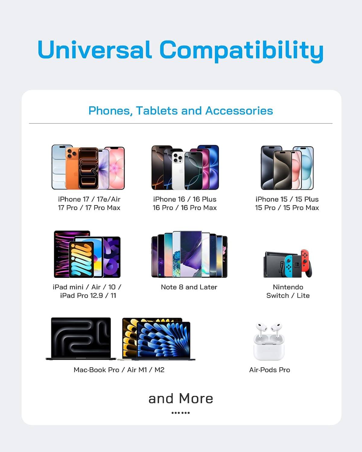 Universal Compatibility

Phones, Tablets and Accessories

iPhone 17 / 17e/Air 17 Pro / 17 Pro Max  
iPhone 16 / 16 Plus 16 Pro / 16 Pro Max  
iPhone 15 / 15 Plus 15 Pro / 15 Pro Max  
iPad mini / Air / 10 / iPad Pro 12.9 / 11  
Note 8 and Later  
Nintendo Switch / Lite  
Mac-Book Pro / Air M1 / M2  
Air-Pods Pro  
and More
