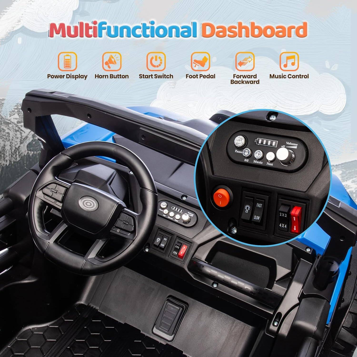 Multifunctional Dashboard  
- Power Display  
- Horn Button  
- Start Switch  
- Foot Pedal  
- Forward Backward  
- Music Control  

Volume  
Pause  
Next  
Fast  
Slow  
2X2  
4X4