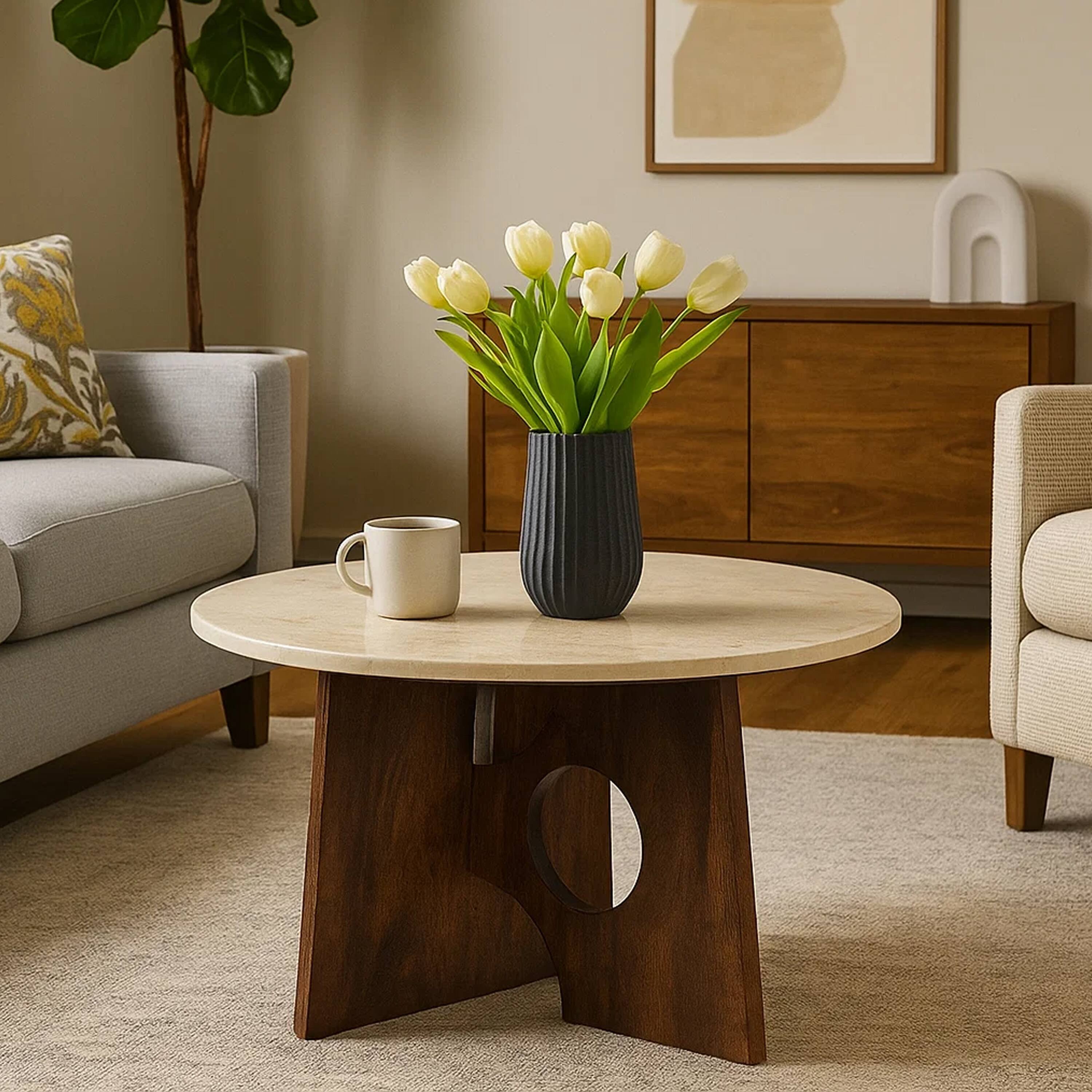 Alt View 5. Manhattan Lane - Kali Coffee Table, 27" Natural Round Marble Tabletop, Mango Wood Sculptural Base - Brown, White.